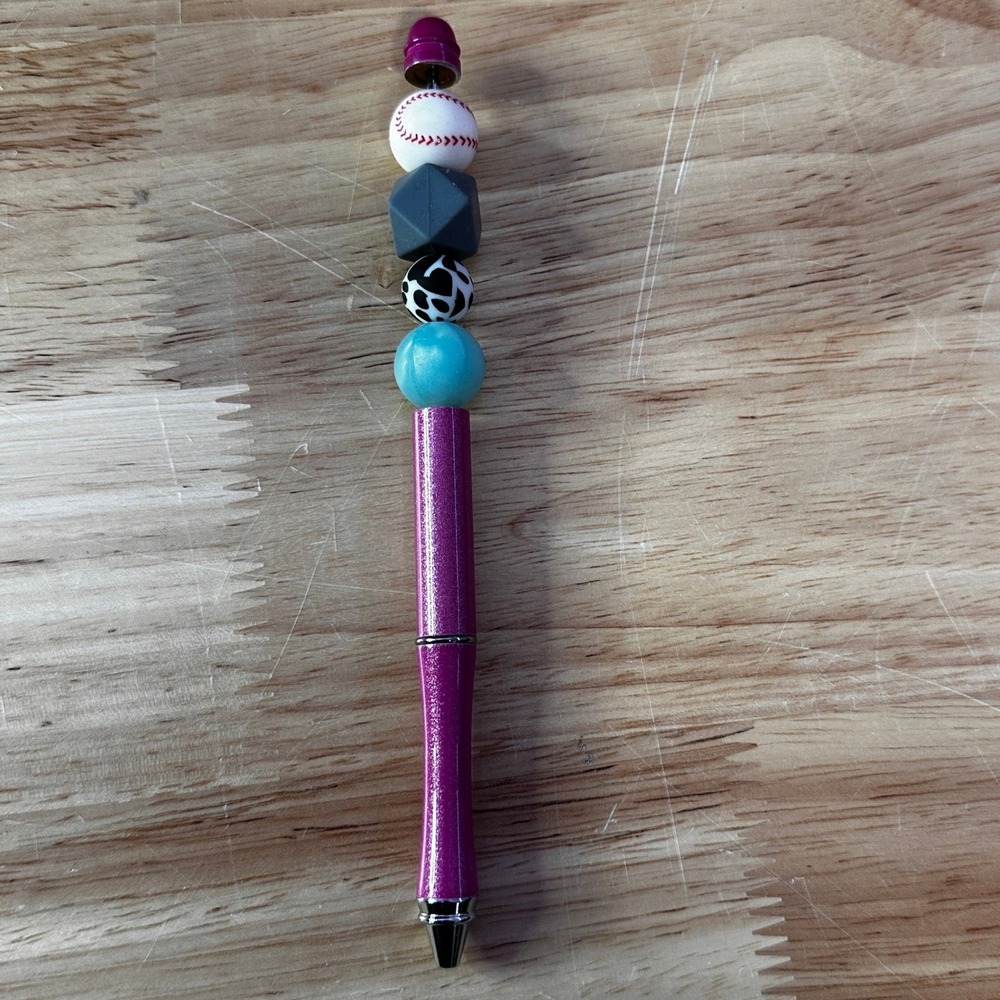 Custom Beaded Ballpoint Pen Purple Glitter Baseball Cow Print Silicone Beads